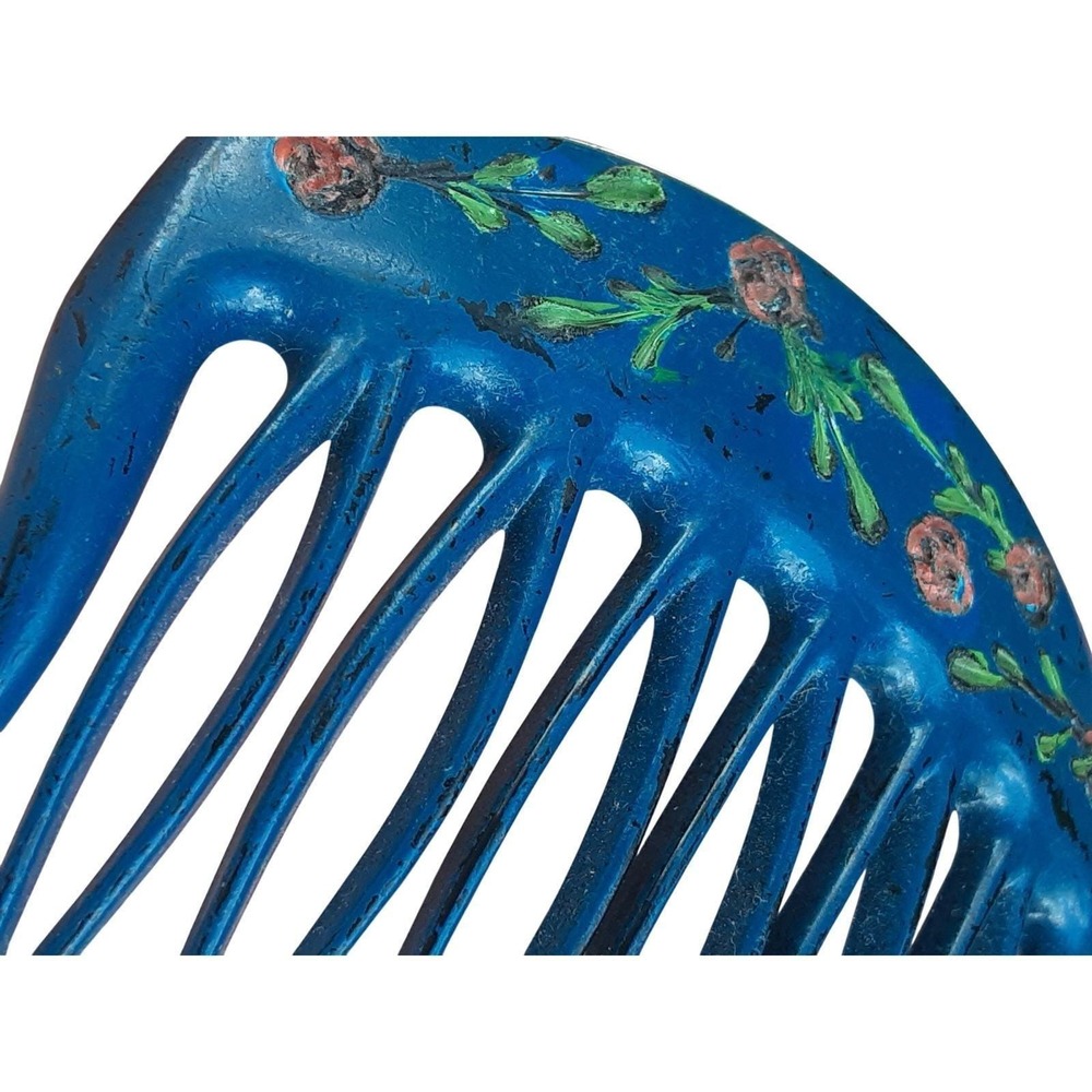 Vintage Blue Hand Painted Floral Hair Comb Rose Folk Art Hair Accessory - Picture 3 of 3
